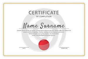 Official certificate with stamp template, vector illustration