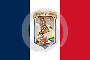 The official current flag and coat of arms of Collectivity of Saint Martin. State flag of Saint Martin. Illustration