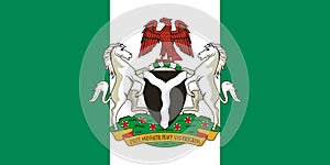 The official current flag and coat of arms of the Federal Republic of Nigeria. State flag of Nigeria. Illustration