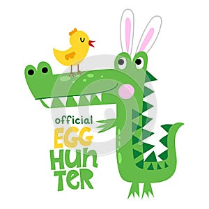 Official Egg Hunter - Funny crocodile in easter bunny costume with eggs.