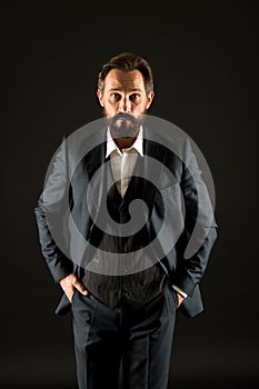 Official event. Old fashioned. Classics eternal value. Bearded man with formal look. Businessman black background