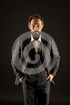 Official event. Old fashioned. Classics eternal value. Bearded man with formal look. Businessman black background