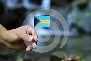 Official flag of Bahamas on wooden stick in somebody hand. Colour man holds state symbol and waves. Water in background. Concept