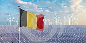 Official flag of Germany in front of a large array of solar panels