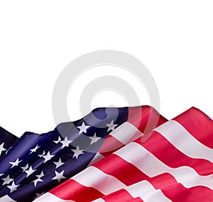 Official Flag of United States of America against white background, square format, empty space.