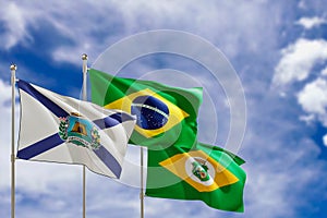 Official flags of the country Brazil, state of Ceara and city of Fortaleza. Swaying in the wind under the blue sky. 3d rendering