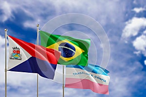 Official flags of the country Brazil, state of Espirito Santo and city of Vila Velha. Swaying in the wind under the blue sky. 3d