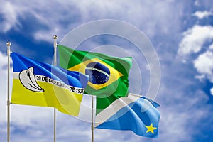 Official flags of the country Brazil, state of Mato Grosso do Sul and city of Dourados. Swaying in the wind under the blue sky. 3d