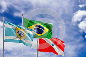 Official flags of the country Brazil, state of Para and city of Ananindeua. Swaying in the wind under the blue sky. 3d rendering