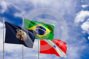 Official flags of the country Brazil, state of Para and city of Belem. Swaying in the wind under the blue sky. 3d rendering