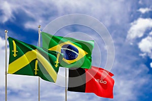 Official flags of the country Brazil, state of Paraiba and city of Campina Grande. Swaying in the wind under the blue sky. 3d