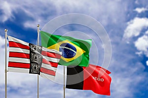 Official flags of the country Brazil, state of Paraiba and city of Joao Pessoa. Swaying in the wind under the blue sky. 3d