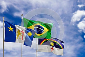 Official flags of the country Brazil, state of Pernambuco and city of Recife. Swaying in the wind under the blue sky. 3d rendering