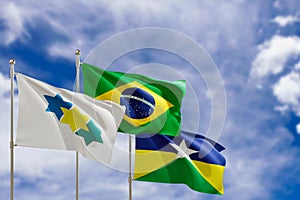 Official flags of the country Brazil, state of Rondonia and city of Ji-Parana. Swaying in the wind under the blue sky. 3d