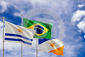 Official flags of the country Brazil, state of Tocantis and city of Palmas. Swaying in the wind under the blue sky. 3d rendering