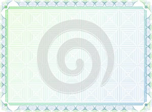 Official green guilloche border for certificate. Vector illustration. Empty blank