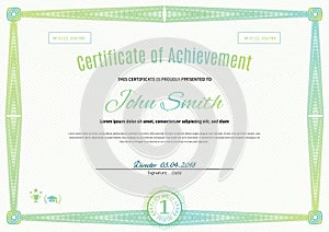 Official light green certificate of a4 format with green guilloche border. Official simple blank