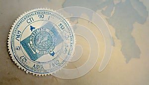 Official passport visas stamps on sepia textured, vintage travel background