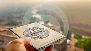 Official passport visas stamps on sepia textured, vintage travel background