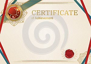 Official retro certificate with red gold design elements. Red ribbon and red emblem. Vintage modern blank