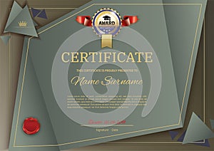 Official vector certificate with dark green, brown triangle design elements. Gold blue emblem with red ribbon, gold text