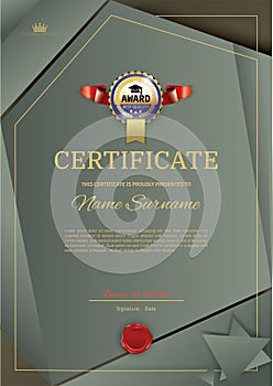 Official vector certificate with dark green, brown triangle design elements. Gold blue emblem with red ribbon, gold text