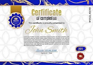 Official white blue certificate with gold blue emblem. Business clean modern design. Gold emblem