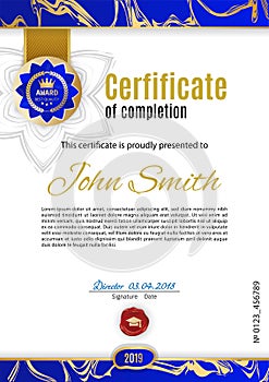 Official white blue certificate with gold blue emblem. Business clean modern design. Gold emblem