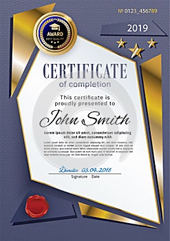 Official white blue certificate with pogygonal design elements. Business clean modern design. Gold emblem