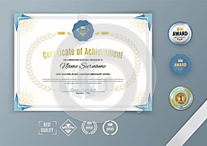 Official white certificate with blue triangle, ornamental design elements. Business clean design. Vector template with set of ebml