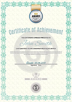 Official white certificate of a4 format with green border, silver emblem, Official simple blank.