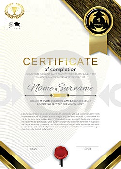 Official white certificate with gold black emblem, gold design elements, red wafer Official blank