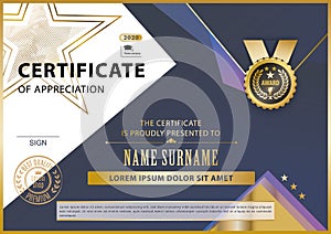 Official white certificate with gold blue lilac triangles, line . Business modern design. Black emblem.