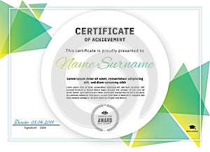 Official white certificate with green triangle design elements. Business clean modern design