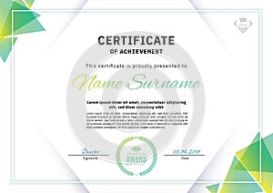 Official white certificate with green triangle design elements. Business clean modern design