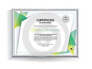 Official white certificate with green triangle design elements with realistic grey border. Business clean modern design