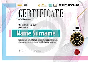 Official white modern certificate with abstract blue pink gold design elements.