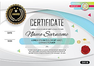 Official white modern certificate with abstract blue pink gold design elements.