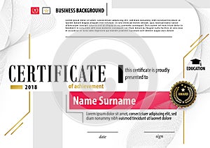 Official white modern certificate with abstract grey red gold design elements. Black emblem