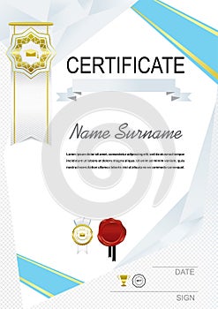 Official white modern certificate and white emblem, blue ribbon