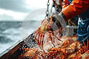 Offloading crabs from the ship. Generative AI photo