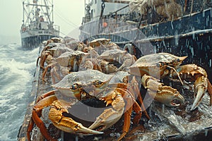 Offloading crabs from the ship. Generative AI photo