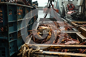 Offloading crabs from the ship. Generative AI photo