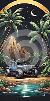Offroad Car in the Jungle: Illustration of a Vehicle Exploring a Tropical Forest Near a River