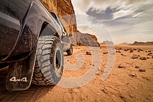 Offroad car tire on the sand in desert