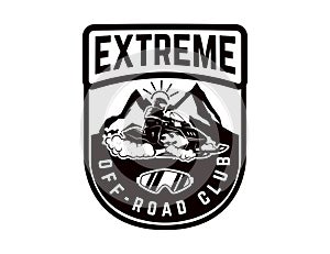 Offroad extreme adventure. Emblem template with snowmobile. Design element for logo, label, emblem, sign.