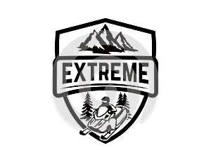 Offroad extreme adventure. Emblem template with snowmobile. Design element for logo, label, emblem, sign.