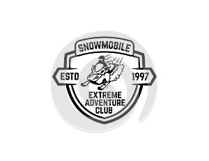 Offroad extreme adventure. Emblem template with snowmobile. Design element for logo, label, emblem, sign.