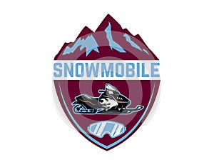 Offroad extreme adventure. Emblem template with snowmobile. Design element for logo, label, emblem, sign.