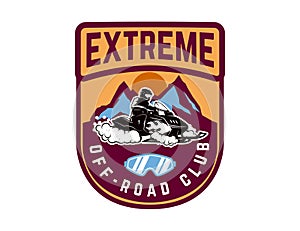 Offroad extreme adventure. Emblem template with snowmobile. Design element for logo, label, emblem, sign.